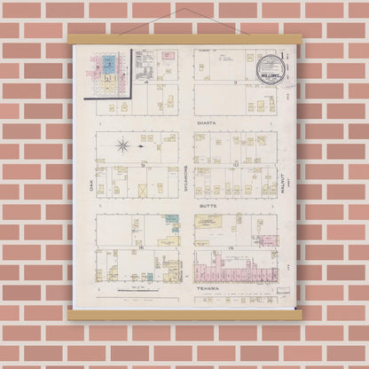 Old map wall art mockup — magnetic wood frame on brick wall — Sanborn Fire Insurance Map from Willows, Glenn County, California (1886) - Complete Map Set