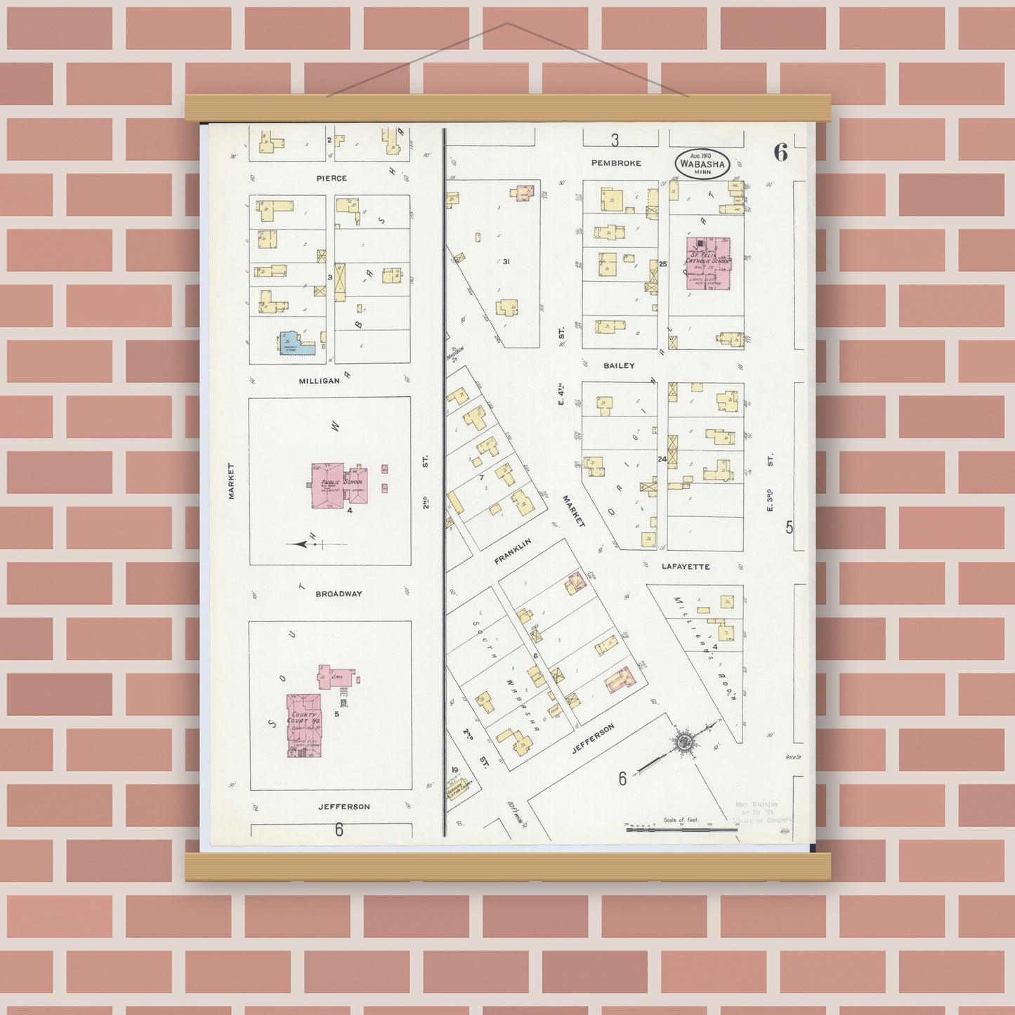 Old map wall art mockup — magnetic wood frame on brick wall — Sanborn Fire Insurance Map from Wabasha, Wabasha County, Minnesota (1910), Sheet #0006