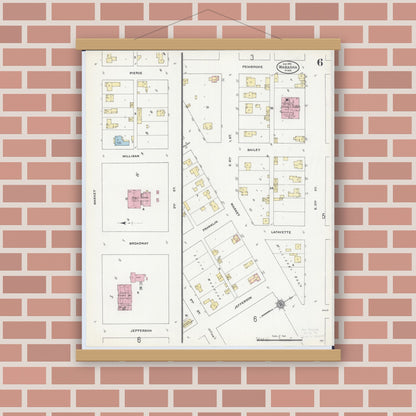 Old map wall art mockup — magnetic wood frame on brick wall — Sanborn Fire Insurance Map from Wabasha, Wabasha County, Minnesota (1910), Sheet #0006