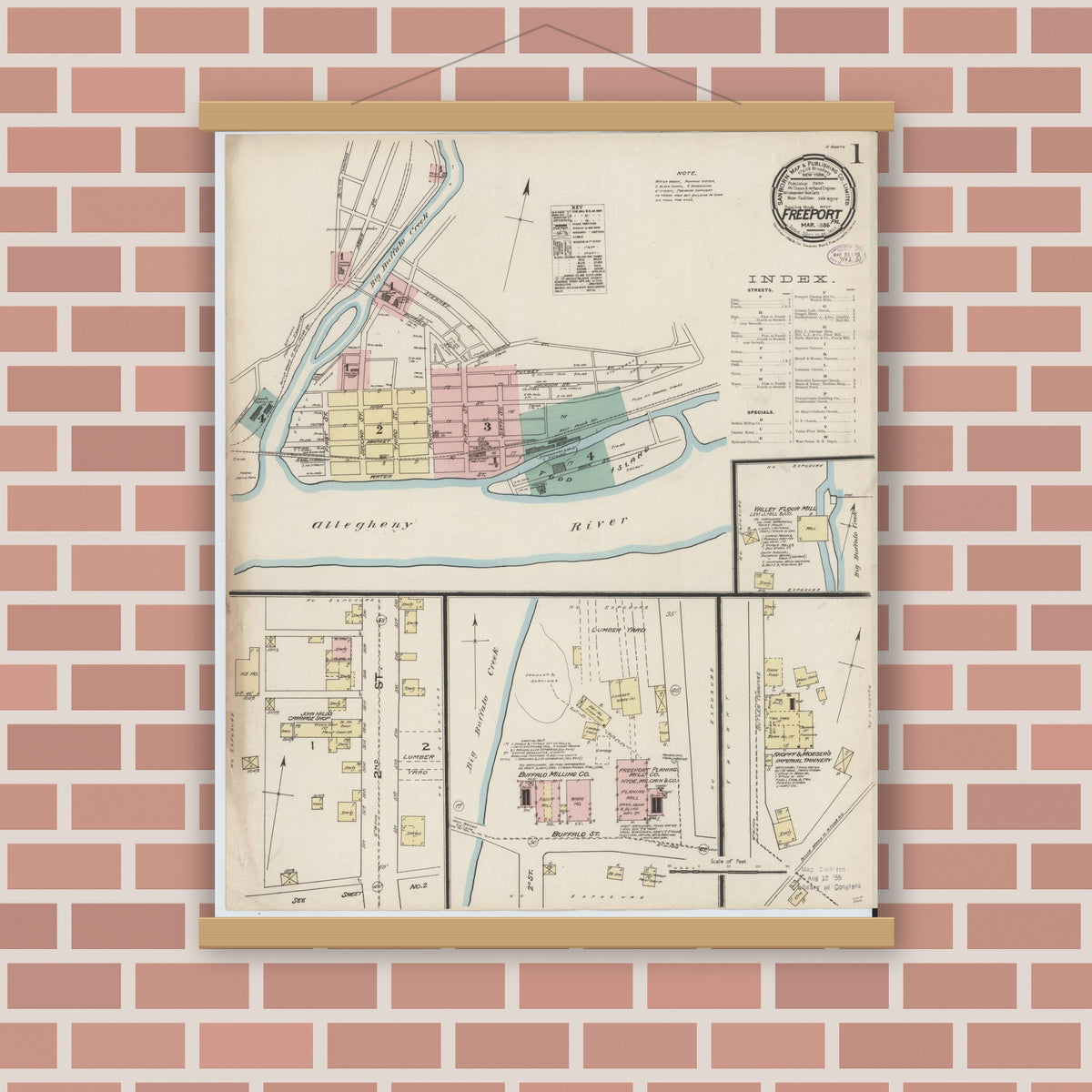 Old map wall art mockup — magnetic wood frame on brick wall — Sanborn Fire Insurance Map from Freeport, Armstrong County, Pennsylvania (1886), Sheet #0001