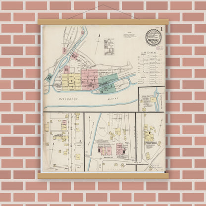 Old map wall art mockup — magnetic wood frame on brick wall — Sanborn Fire Insurance Map from Freeport, Armstrong County, Pennsylvania (1886), Sheet #0001