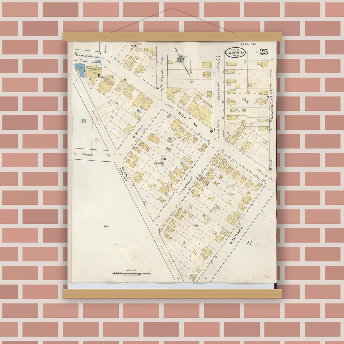 Old map wall art mockup — magnetic wood frame on brick wall — Sanborn Fire Insurance Map from Laurium, Houghton County, Michigan (1949), Sheet #0025