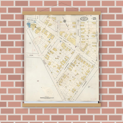 Old map wall art mockup — magnetic wood frame on brick wall — Sanborn Fire Insurance Map from Laurium, Houghton County, Michigan (1949), Sheet #0025