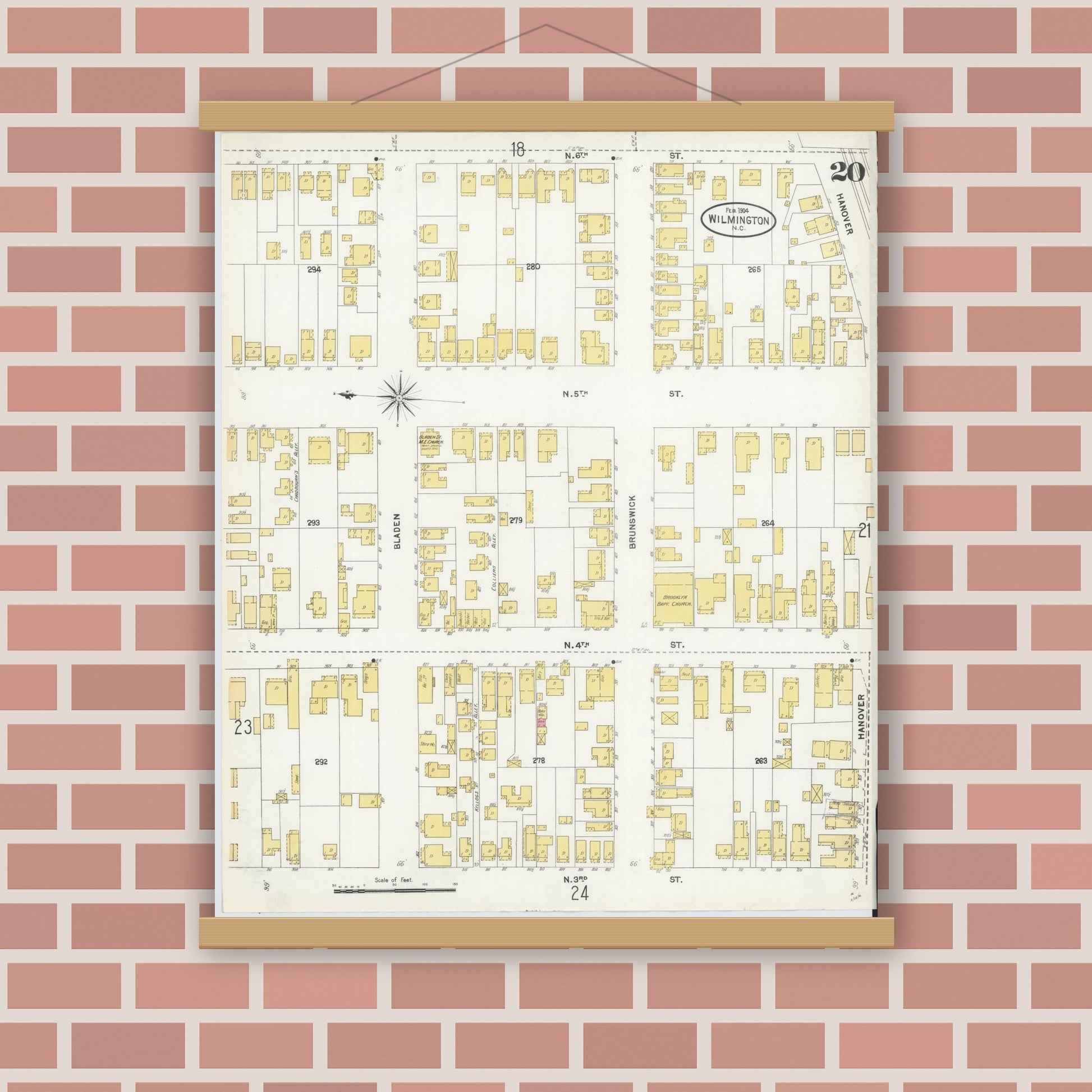 Old map wall art mockup — magnetic wood frame on brick wall — Sanborn Fire Insurance Map from Wilmington, New Hanover County, North Carolina (1904), Sheet #0020