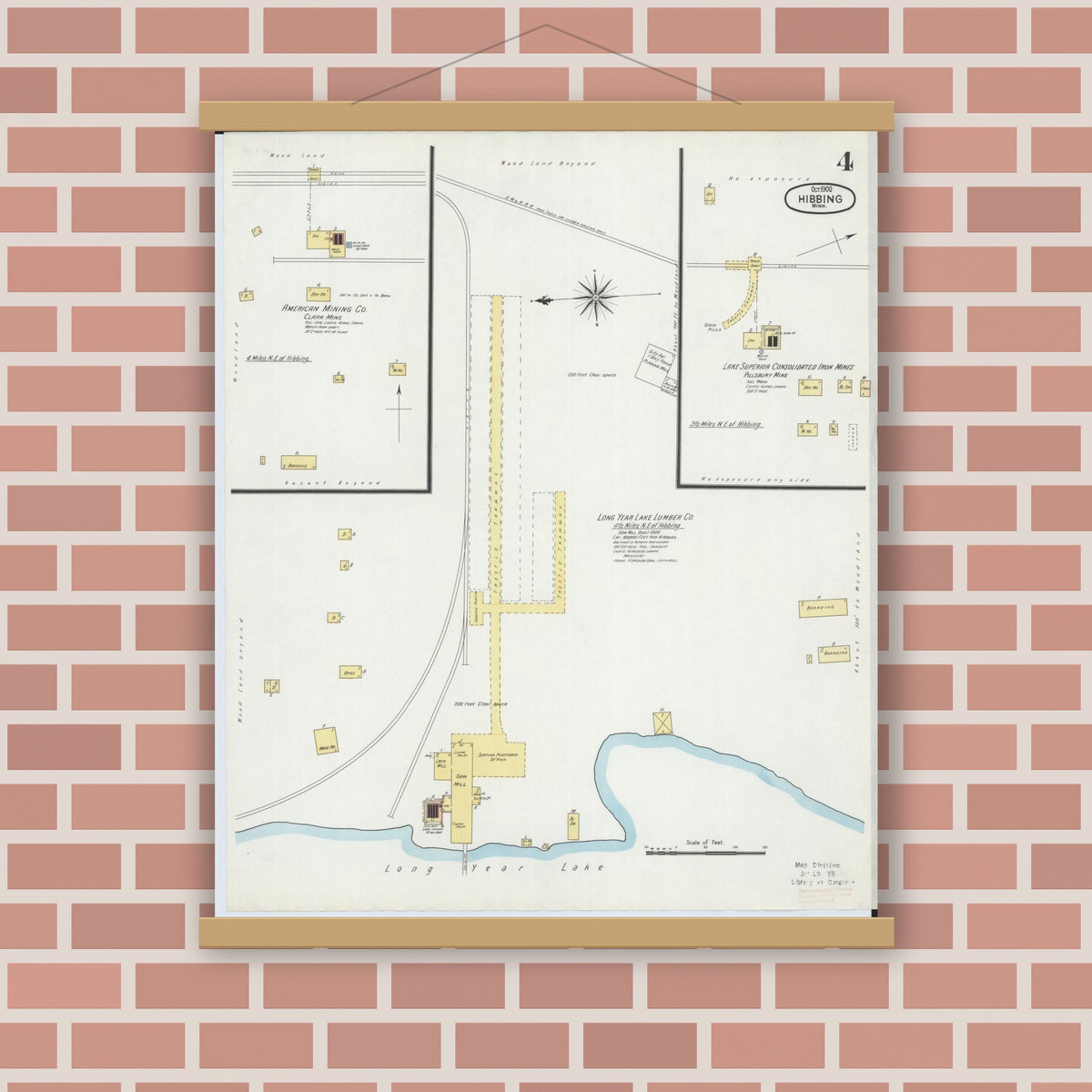 Old map wall art mockup — magnetic wood frame on brick wall — Sanborn Fire Insurance Map from Hibbing, Saint Louis County, Minnesota (1900), Sheet #0004