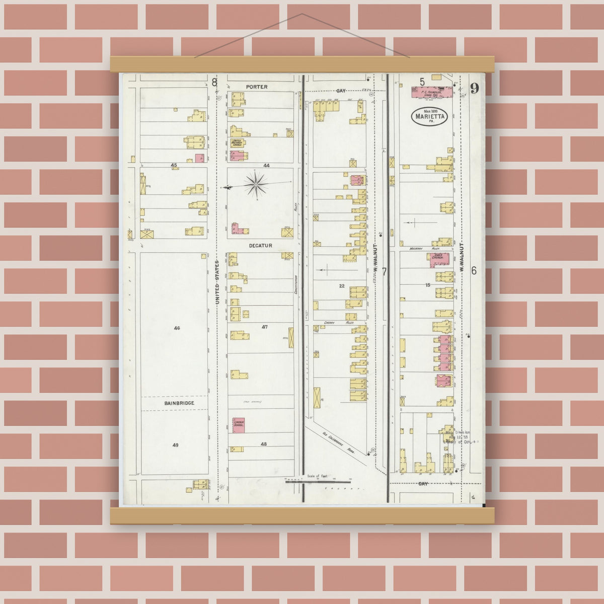 Old map wall art mockup — magnetic wood frame on brick wall — Sanborn Fire Insurance Map from Marietta, Lancaster County, Pennsylvania (1899), Sheet #0009