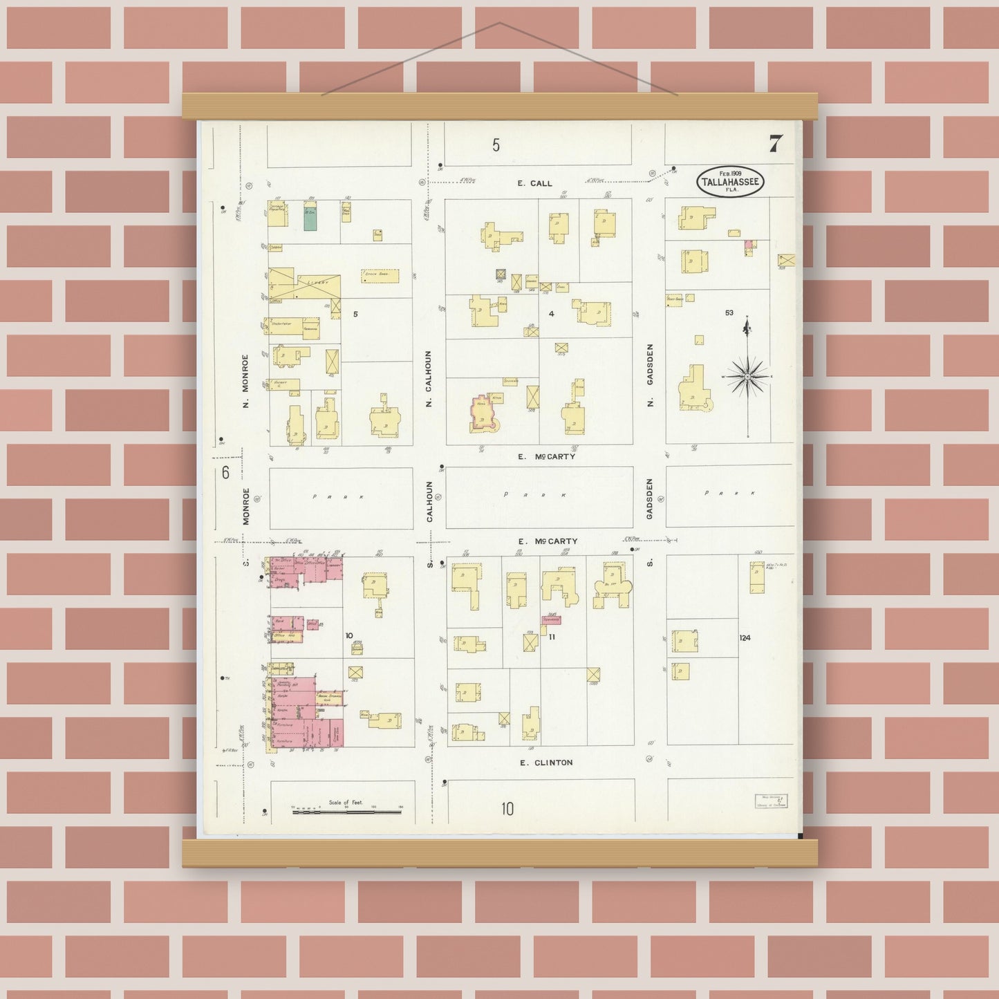 Old map wall art mockup — magnetic wood frame on brick wall — Sanborn Fire Insurance Map from Tallahassee, Leon County, Florida (1909), Sheet #0007
