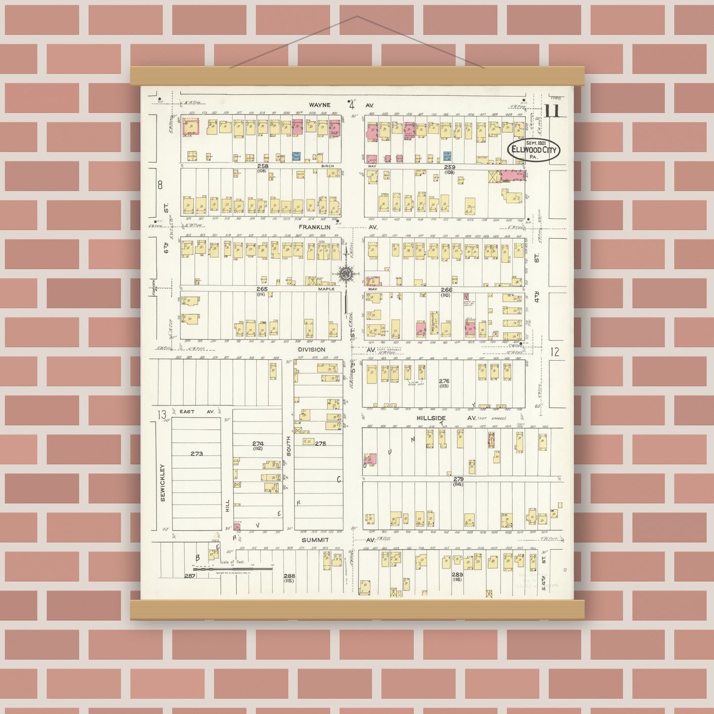 Old map wall art mockup — magnetic wood frame on brick wall — Sanborn Fire Insurance Map from Ellwood City, Lawrence County, Pennsylvania (1921), Sheet #0011
