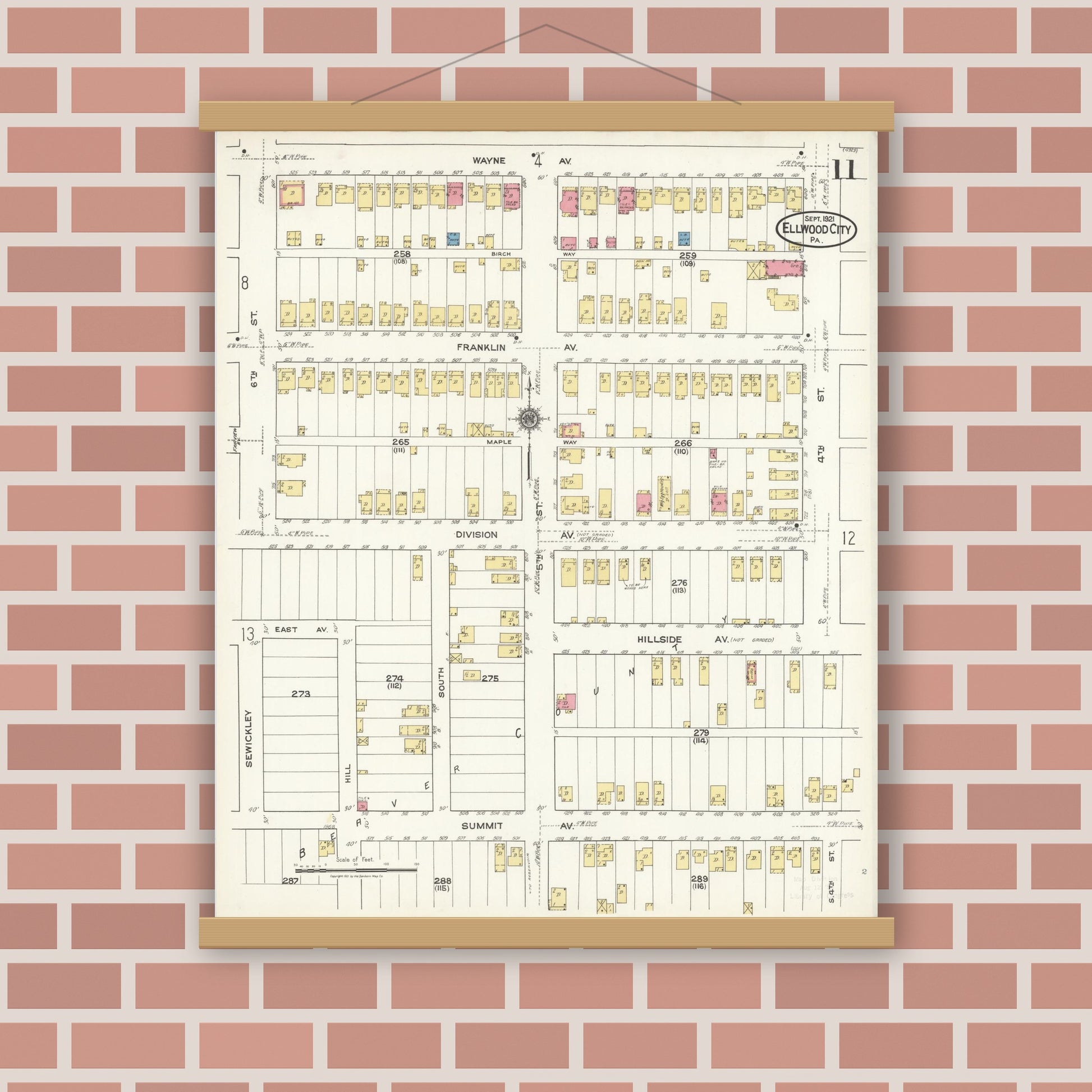Old map wall art mockup — magnetic wood frame on brick wall — Sanborn Fire Insurance Map from Ellwood City, Lawrence County, Pennsylvania (1921), Sheet #0011