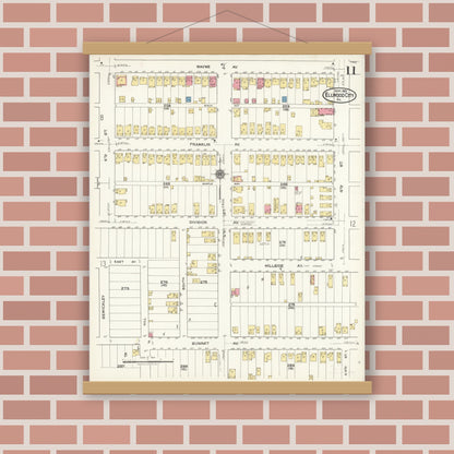 Old map wall art mockup — magnetic wood frame on brick wall — Sanborn Fire Insurance Map from Ellwood City, Lawrence County, Pennsylvania (1921), Sheet #0011