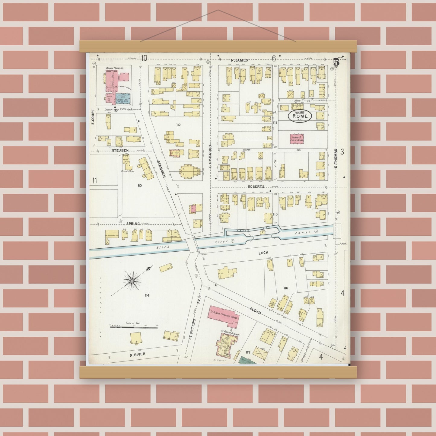 Old map wall art mockup — magnetic wood frame on brick wall — Sanborn Fire Insurance Map from Rome, Oneida County, New York (1899), Sheet #0005