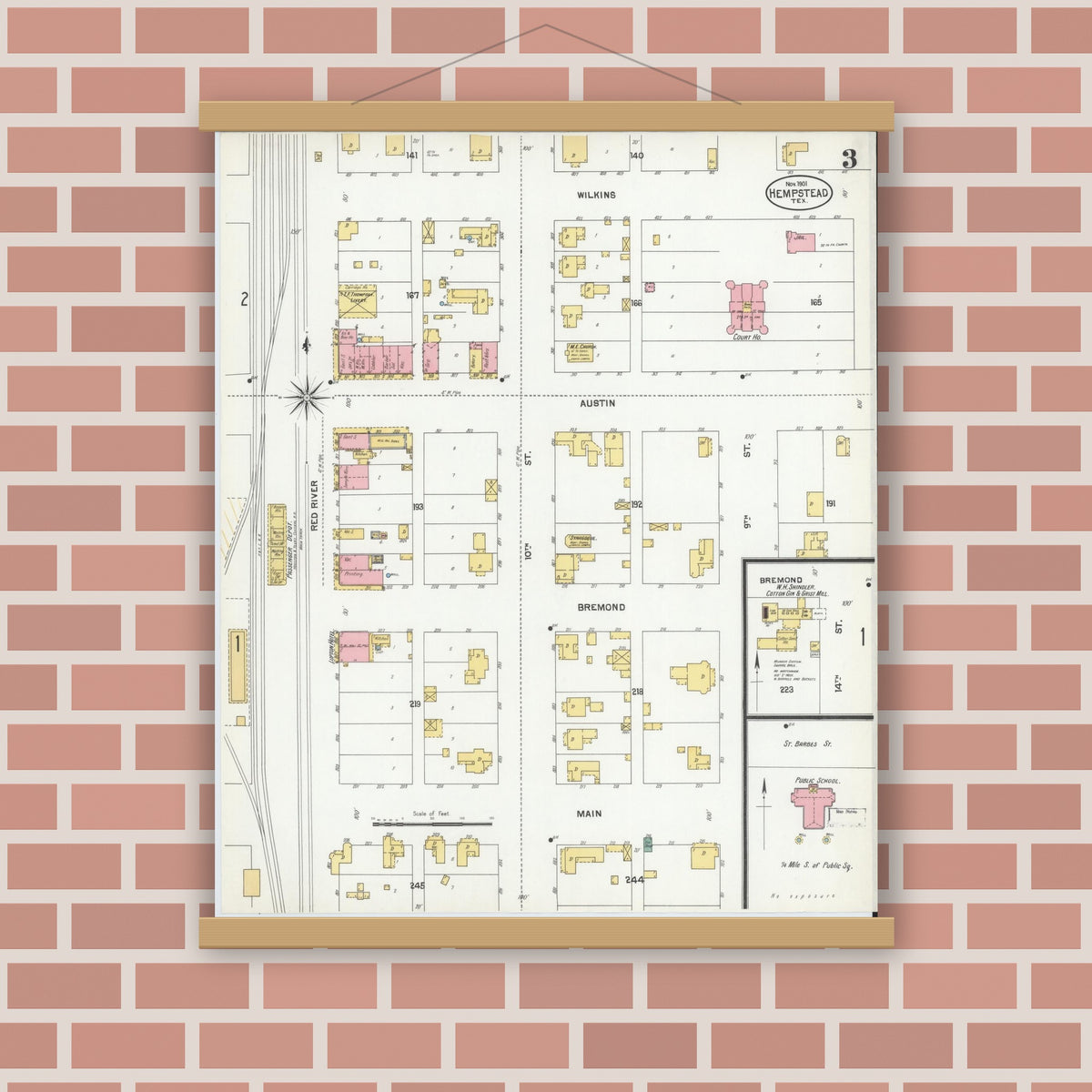 Old map wall art mockup — magnetic wood frame on brick wall — Sanborn Fire Insurance Map from Hempstead, Waller County, Texas (1901), Sheet #0003