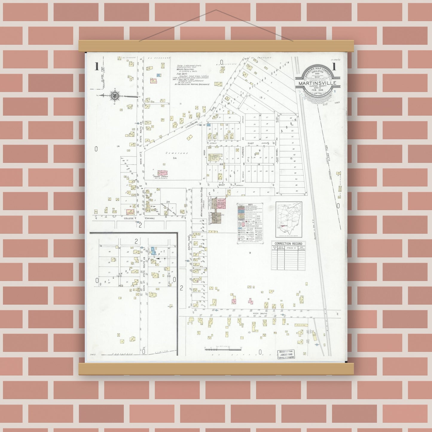 Old map wall art mockup — magnetic wood frame on brick wall — Sanborn Fire Insurance Map from Martinsville, Clinton County, Ohio (1948), Sheet #0001