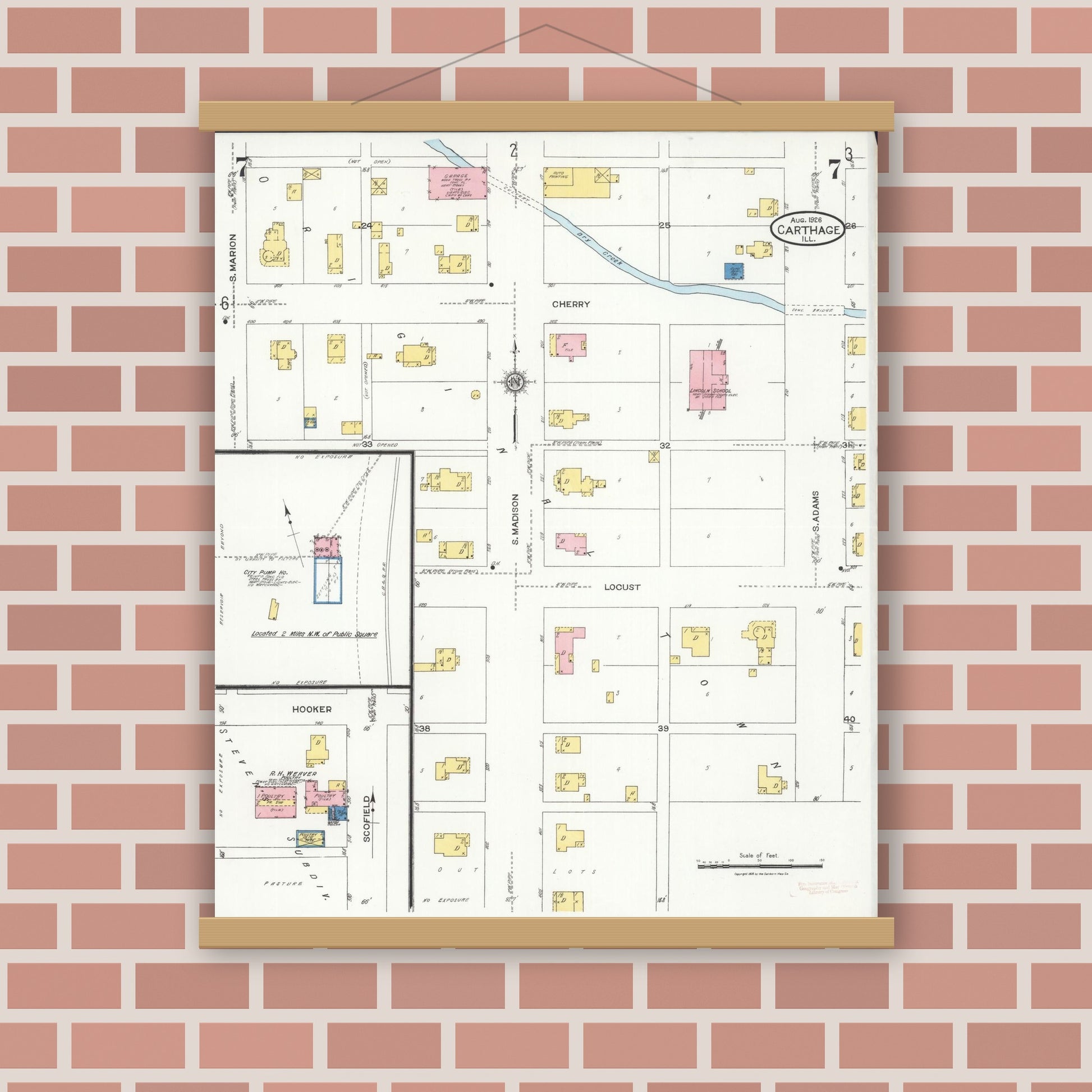Old map wall art mockup — magnetic wood frame on brick wall — Sanborn Fire Insurance Map from Carthage, Hancock County, Illinois (1926), Sheet #0007