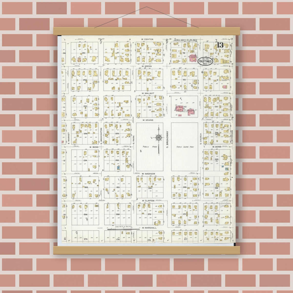 Old map wall art mockup — magnetic wood frame on brick wall — Sanborn Fire Insurance Map from Hastings, Barry County, Michigan (1916), Sheet #0013