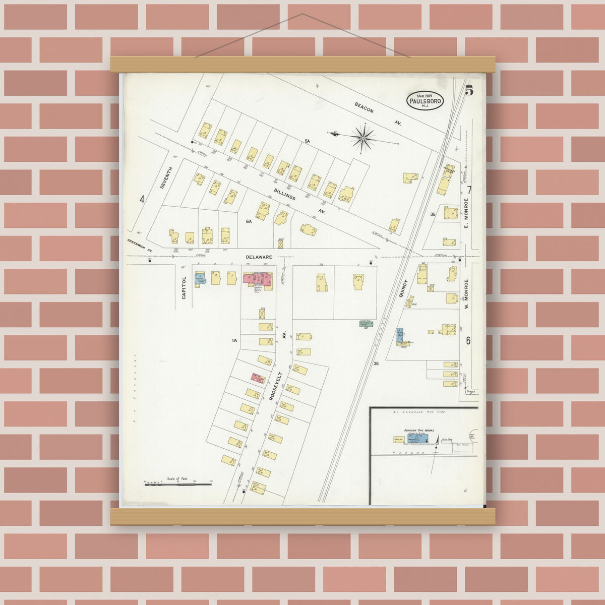 Old map wall art mockup — magnetic wood frame on brick wall — Sanborn Fire Insurance Map from Paulsboro, Gloucester County, New Jersey (1909), Sheet #0005