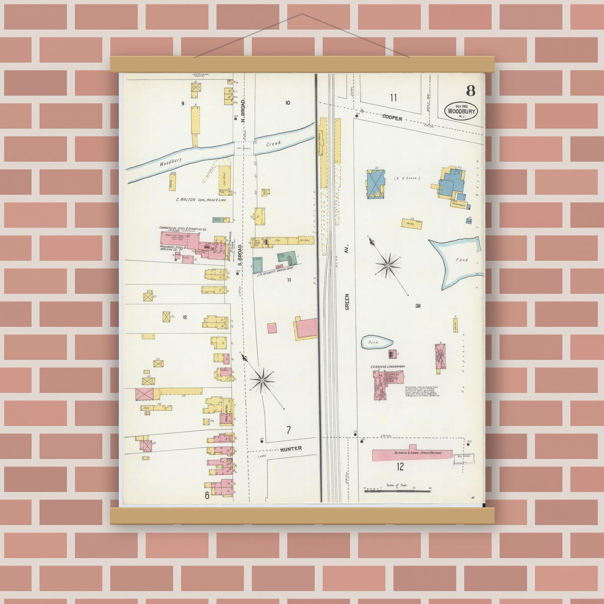 Old map wall art mockup — magnetic wood frame on brick wall — Sanborn Fire Insurance Map from Woodbury, Gloucester County, New Jersey (1902), Sheet #0008