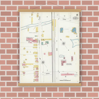 Old map wall art mockup — magnetic wood frame on brick wall — Sanborn Fire Insurance Map from Woodbury, Gloucester County, New Jersey (1902), Sheet #0008