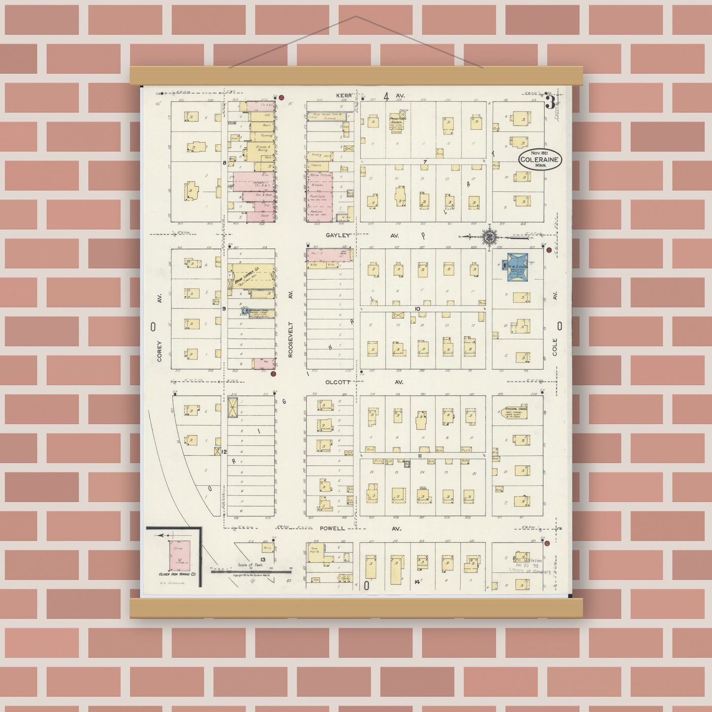 Old map wall art mockup — magnetic wood frame on brick wall — Sanborn Fire Insurance Map from Coleraine, Itasca County, Minnesota (1921), Sheet #0003