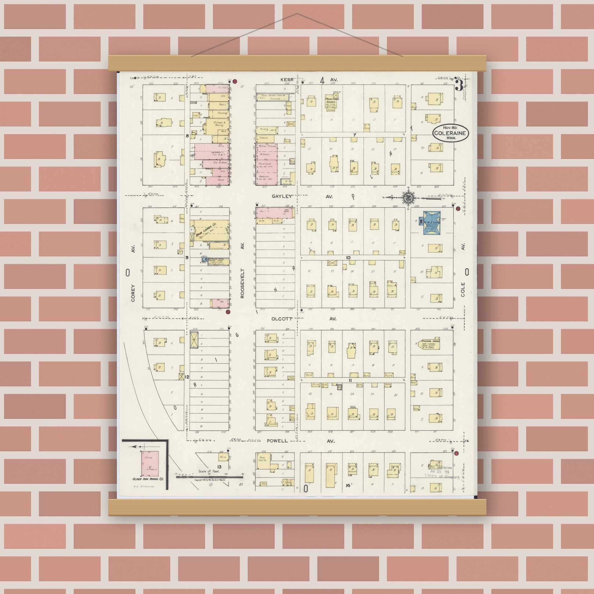 Old map wall art mockup — magnetic wood frame on brick wall — Sanborn Fire Insurance Map from Coleraine, Itasca County, Minnesota (1921), Sheet #0003