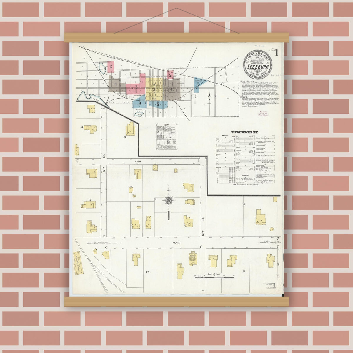 Old map wall art mockup — magnetic wood frame on brick wall — Sanborn Fire Insurance Map from Leesburg, Lake County, Florida (1911), Sheet #0001