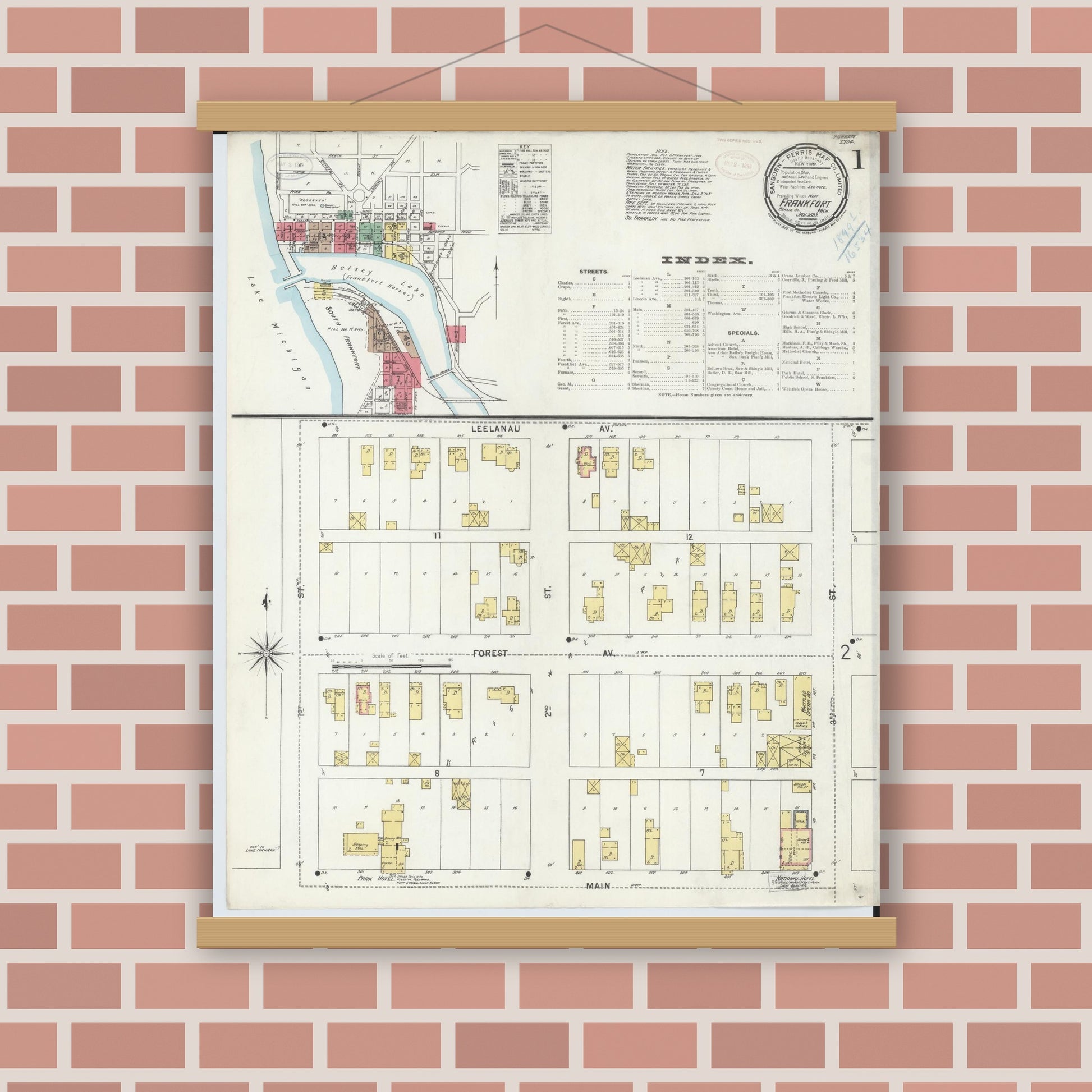 Old map wall art mockup — magnetic wood frame on brick wall — Sanborn Fire Insurance Map from Frankfort, Benzie County, Michigan (1899) - Complete Map Set
