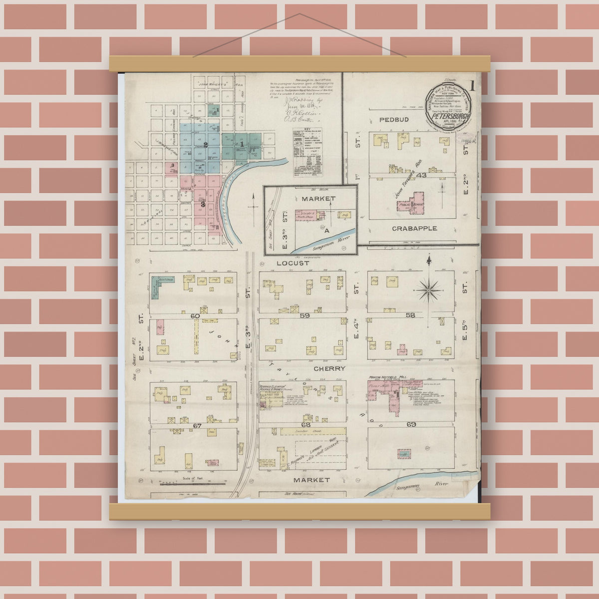 Old map wall art mockup — magnetic wood frame on brick wall — Sanborn Fire Insurance Map from Petersburg, Menard County, Illinois (1886), Sheet #0001