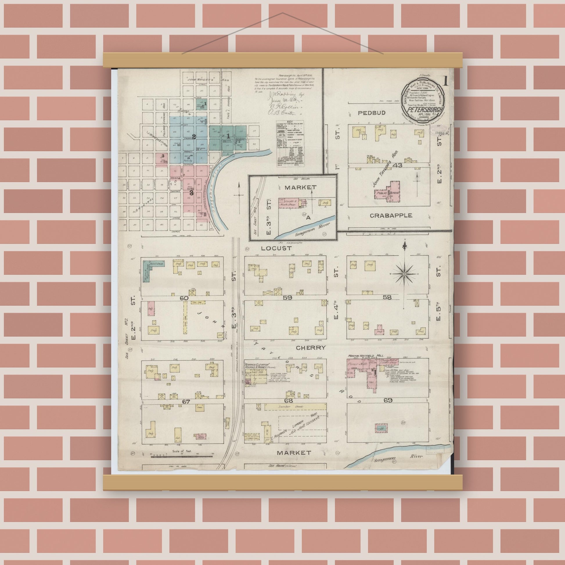 Old map wall art mockup — magnetic wood frame on brick wall — Sanborn Fire Insurance Map from Petersburg, Menard County, Illinois (1886), Sheet #0001