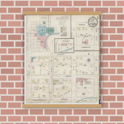 Old map wall art mockup — magnetic wood frame on brick wall — Sanborn Fire Insurance Map from Petersburg, Menard County, Illinois (1886), Sheet #0001