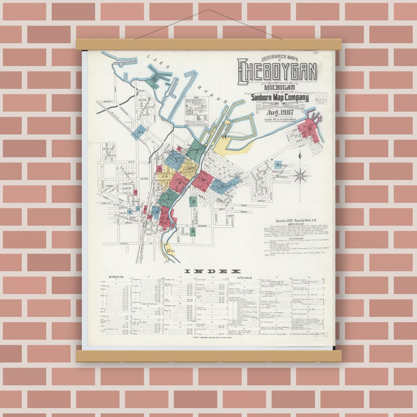 Old map wall art mockup — magnetic wood frame on brick wall — Sanborn Fire Insurance Map from Cheboygan, Cheboygan County, Michigan (1907) - Complete Map Set