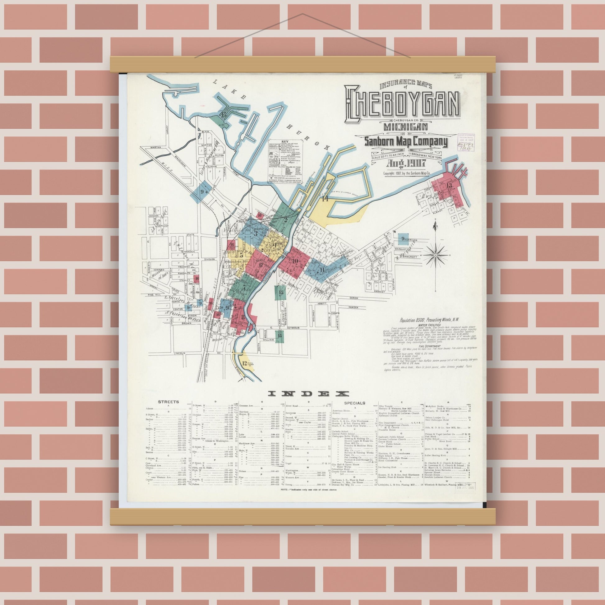 Old map wall art mockup — magnetic wood frame on brick wall — Sanborn Fire Insurance Map from Cheboygan, Cheboygan County, Michigan (1907) - Complete Map Set