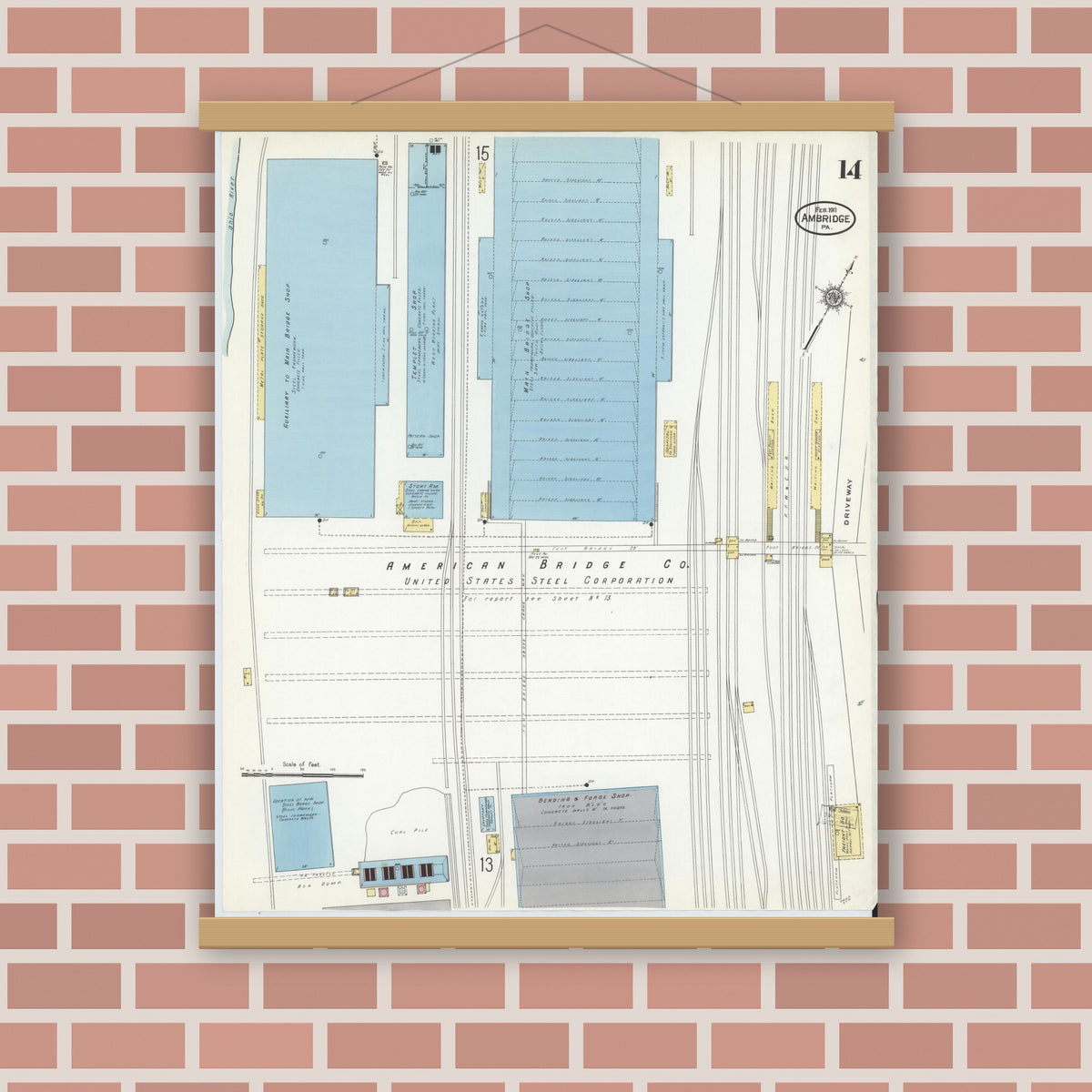 Old map wall art mockup — magnetic wood frame on brick wall — Sanborn Fire Insurance Map from Ambridge, Beaver County, Pennsylvania (1911), Sheet #0014