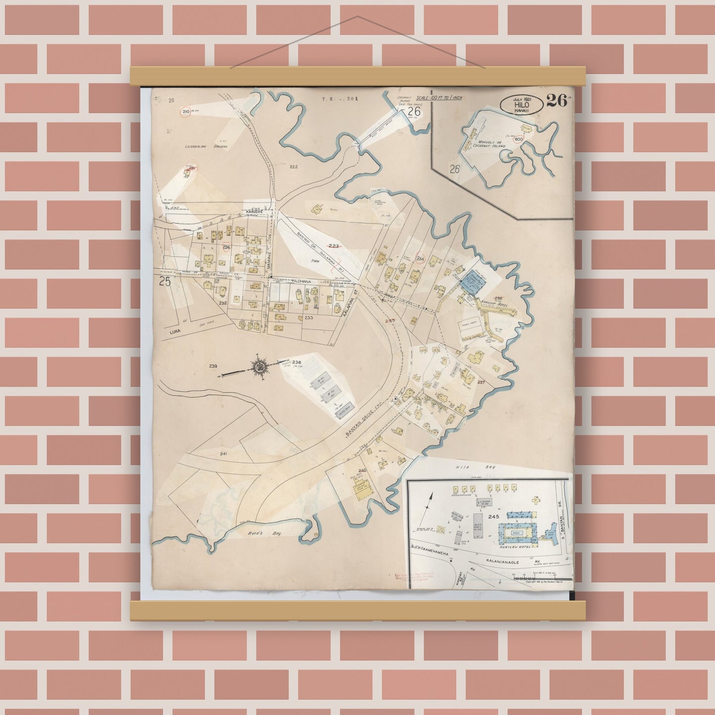 Old map wall art mockup — magnetic wood frame on brick wall — Sanborn Fire Insurance Map from Hilo, Hawaii County, Hawaii (1957), Sheet #0026