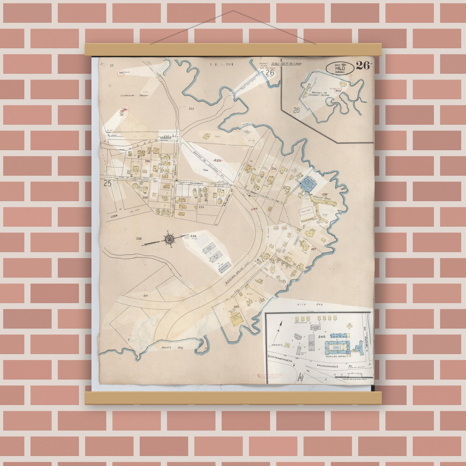 Old map wall art mockup — magnetic wood frame on brick wall — Sanborn Fire Insurance Map from Hilo, Hawaii County, Hawaii (1957), Sheet #0026