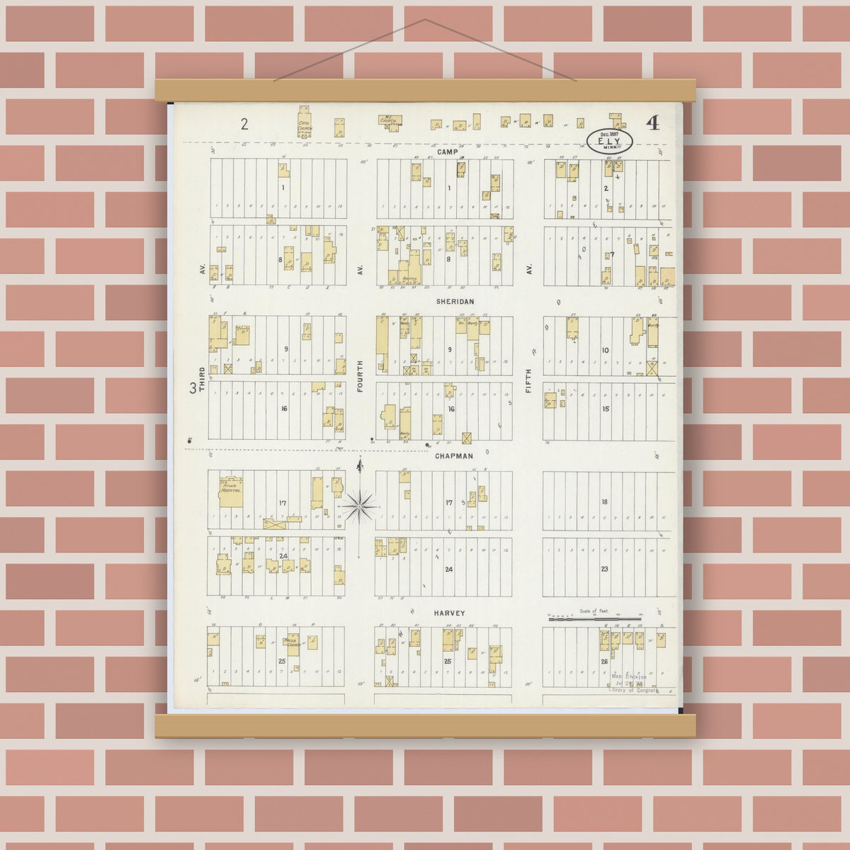 Old map wall art mockup — magnetic wood frame on brick wall — Sanborn Fire Insurance Map from Ely, Saint Louis County, Minnesota (1897), Sheet #0004