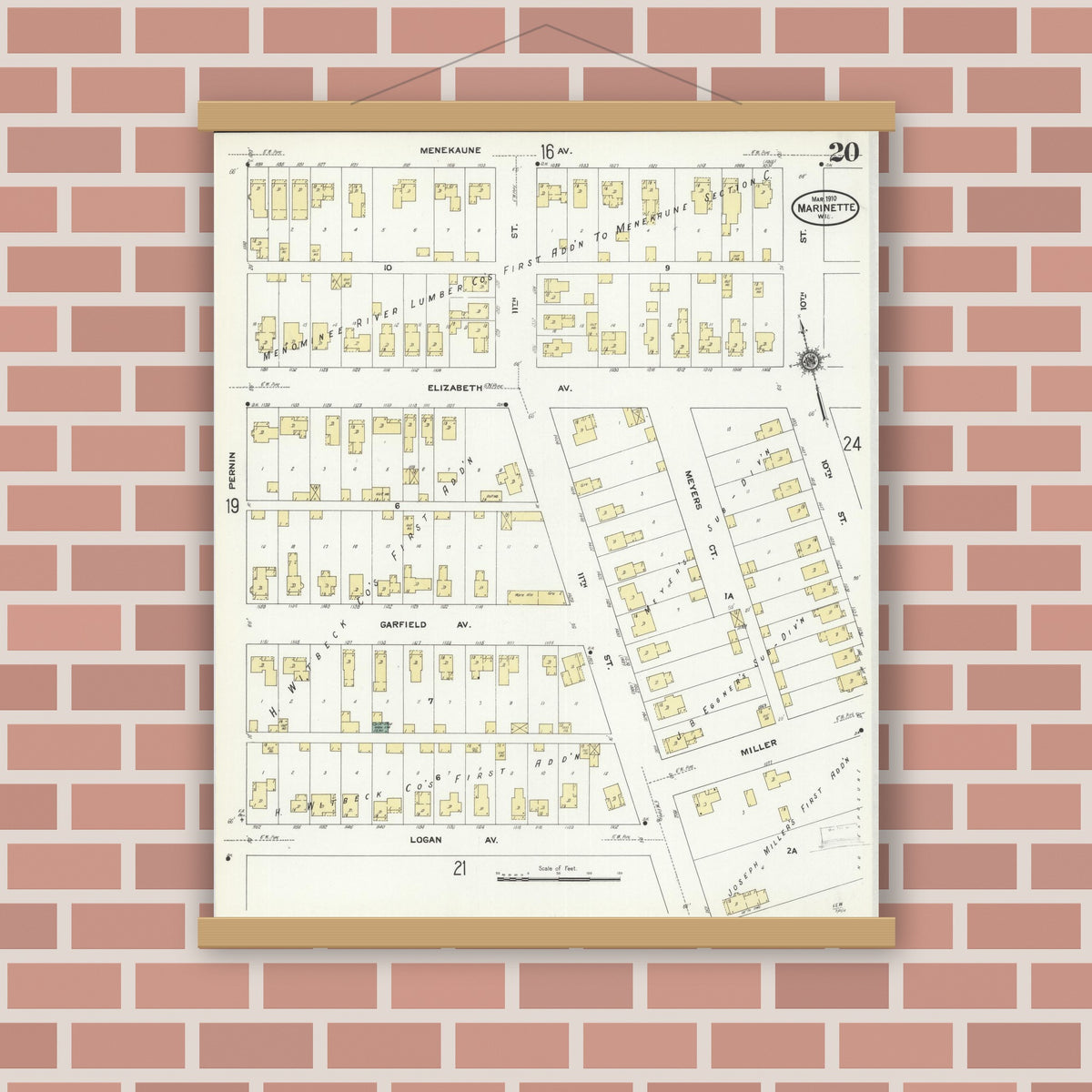 Old map wall art mockup — magnetic wood frame on brick wall — Sanborn Fire Insurance Map from Marinette, Marinette County, Wisconsin (1910), Sheet #0020