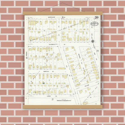 Old map wall art mockup — magnetic wood frame on brick wall — Sanborn Fire Insurance Map from Marinette, Marinette County, Wisconsin (1910), Sheet #0020