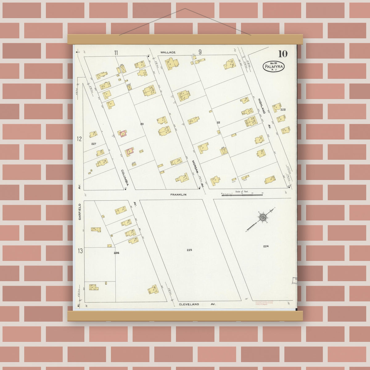 Old map wall art mockup — magnetic wood frame on brick wall — Sanborn Fire Insurance Map from Palmyra, Burlington County, New Jersey (1911), Sheet #0010
