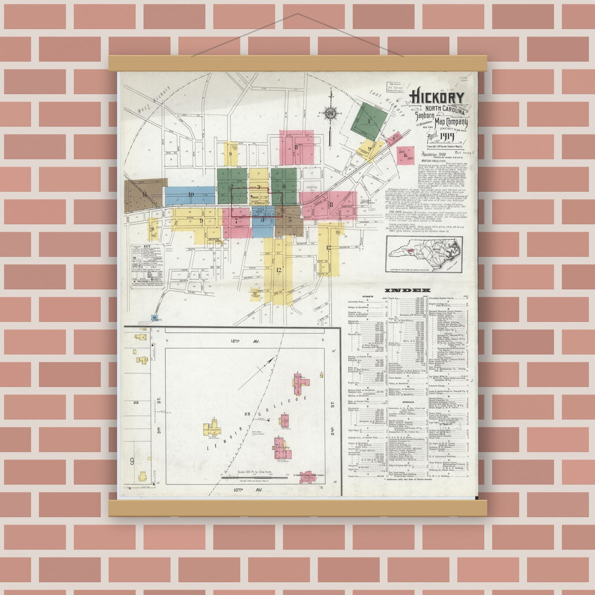 Old map wall art mockup — magnetic wood frame on brick wall — Sanborn Fire Insurance Map from Hickory, Catawba County, North Carolina (1919), Sheet #0001