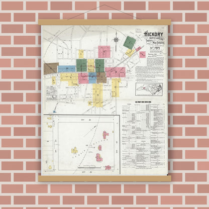 Old map wall art mockup — magnetic wood frame on brick wall — Sanborn Fire Insurance Map from Hickory, Catawba County, North Carolina (1919), Sheet #0001