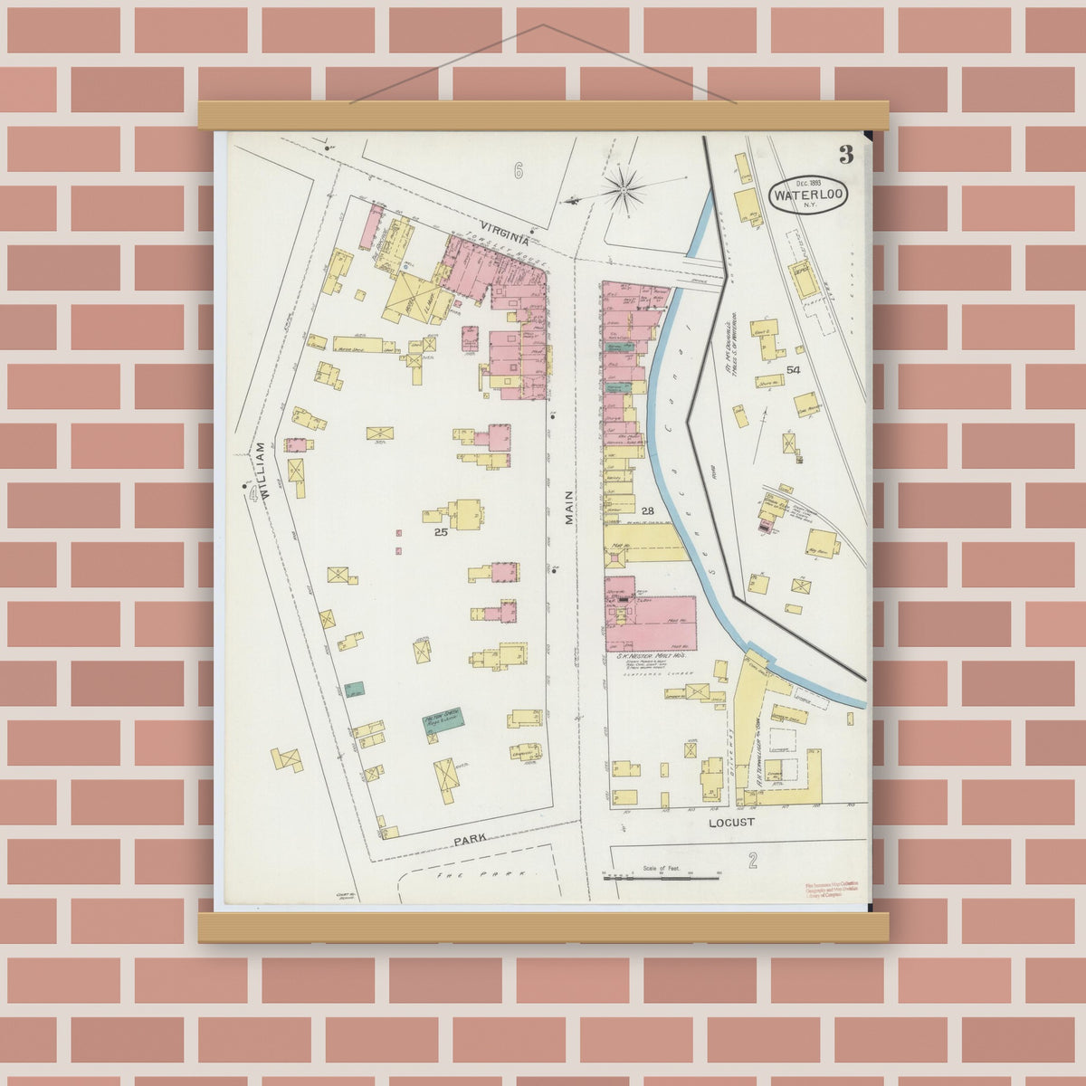 Old map wall art mockup — magnetic wood frame on brick wall — Sanborn Fire Insurance Map from Waterloo, Seneca County, New York (1893), Sheet #0003