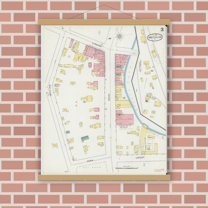 Old map wall art mockup — magnetic wood frame on brick wall — Sanborn Fire Insurance Map from Waterloo, Seneca County, New York (1893), Sheet #0003