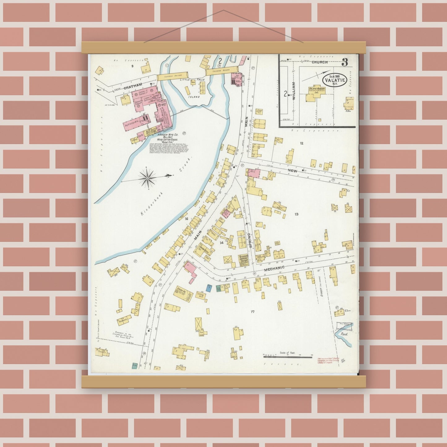 Old map wall art mockup — magnetic wood frame on brick wall — Sanborn Fire Insurance Map from Valatie, Columbia County, New York (1905), Sheet #0003