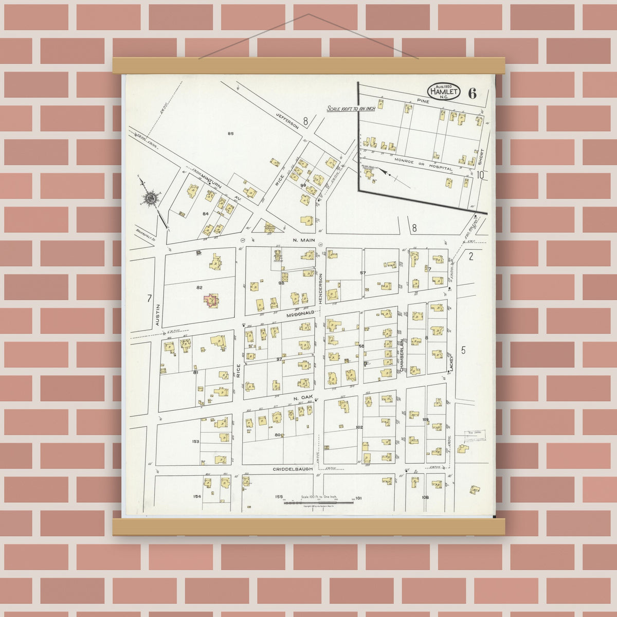 Old map wall art mockup — magnetic wood frame on brick wall — Sanborn Fire Insurance Map from Hamlet, Richmond County, North Carolina (1920), Sheet #0006