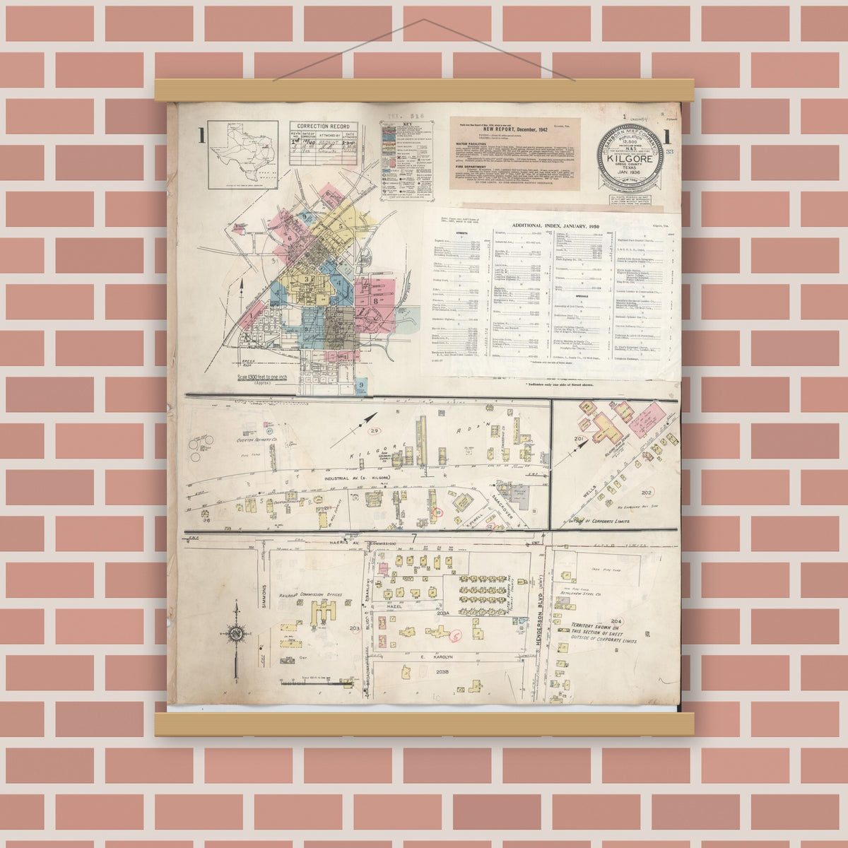 Old map wall art mockup — magnetic wood frame on brick wall — Sanborn Fire Insurance Map from Kilgore, Gregg County, Texas (1950), Sheet #0001