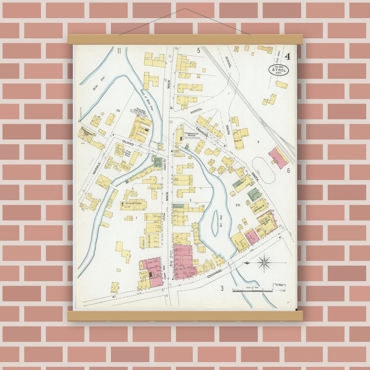 Old map wall art mockup — magnetic wood frame on brick wall — Sanborn Fire Insurance Map from Athol, Worcester County, Massachusetts (1900), Sheet #0004