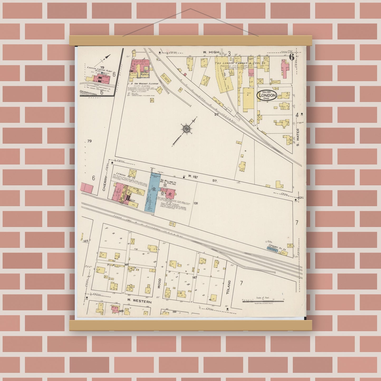 Old map wall art mockup — magnetic wood frame on brick wall — Sanborn Fire Insurance Map from London, Madison County, Ohio (1921), Sheet #0006