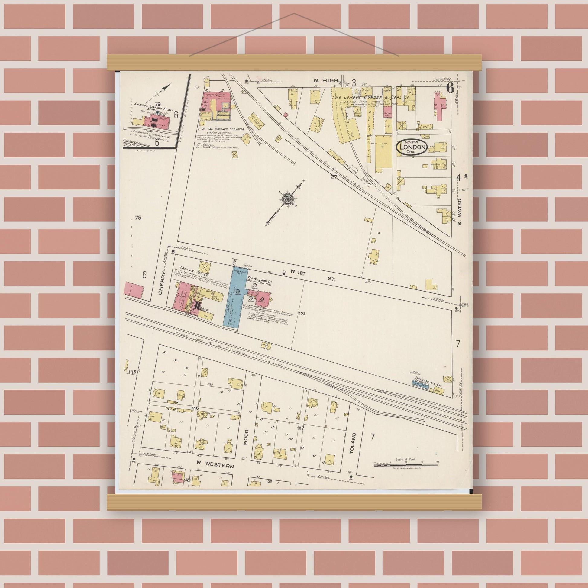 Old map wall art mockup — magnetic wood frame on brick wall — Sanborn Fire Insurance Map from London, Madison County, Ohio (1921), Sheet #0006