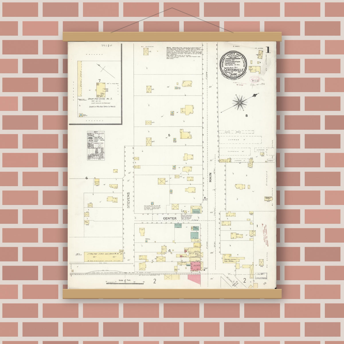 Old map wall art mockup — magnetic wood frame on brick wall — Sanborn Fire Insurance Map from Centerville, Alameda County, California (1896) - Complete Map Set