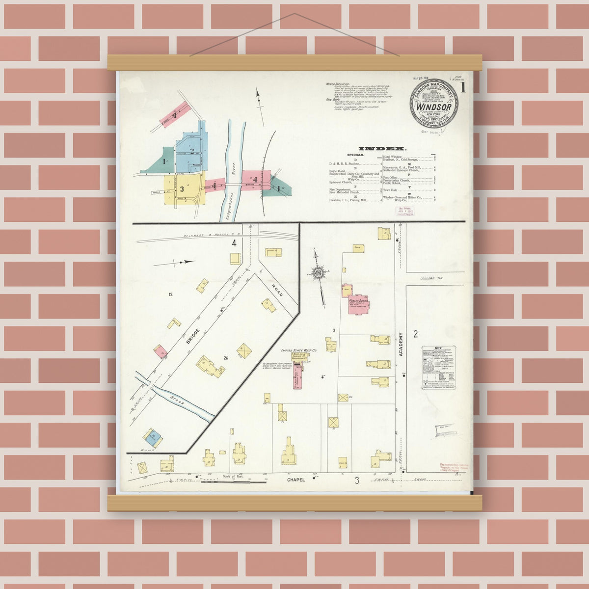 Old map wall art mockup — magnetic wood frame on brick wall — Sanborn Fire Insurance Map from Windsor, Broome County, New York (1912), Sheet #0001
